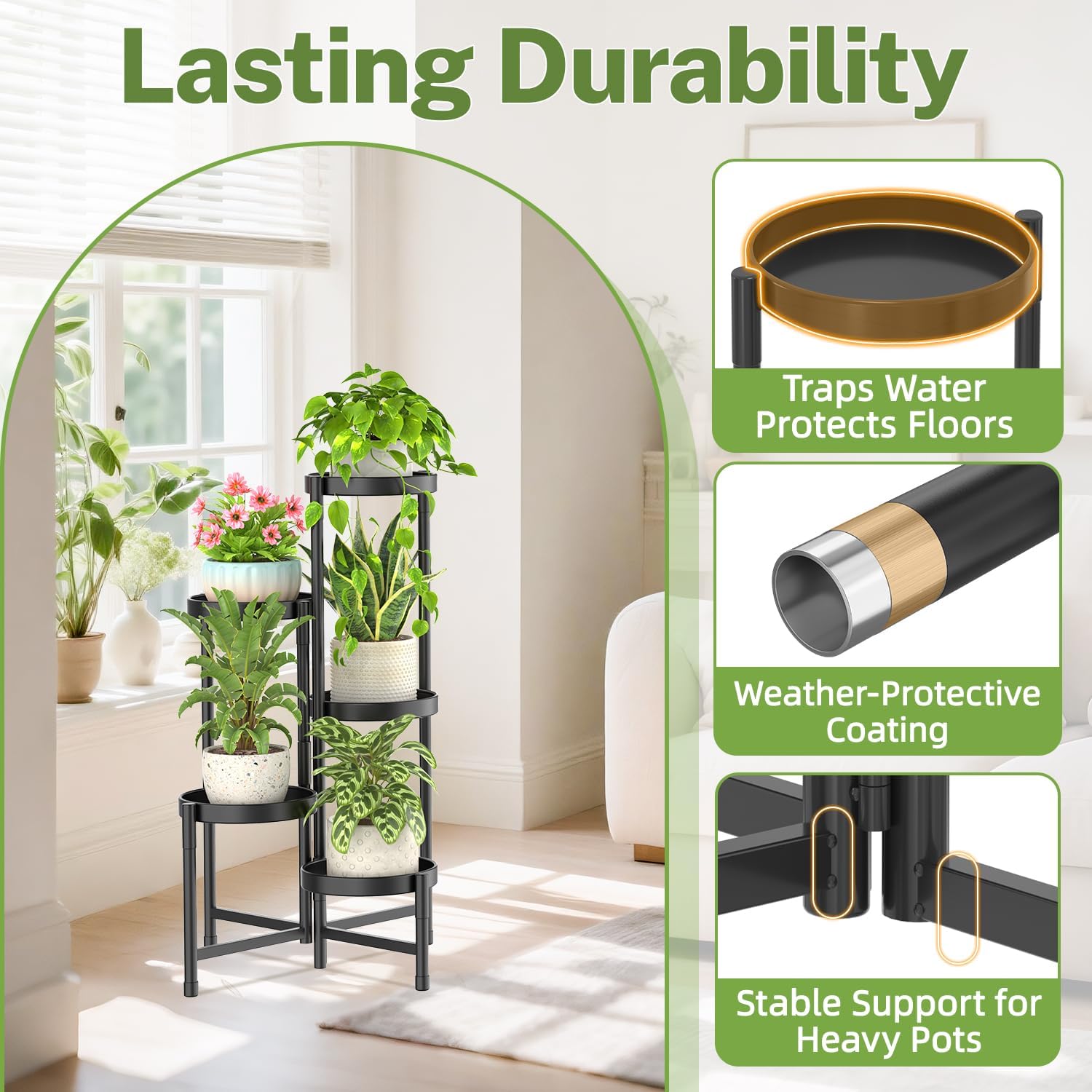Plant Stand Indoor Outdoor, 5 Tier Corner Metal Flower Display Holder Shelf, Folding Tall Orchid Rack For Patio Balcony Porch Garden Living Room House, Black