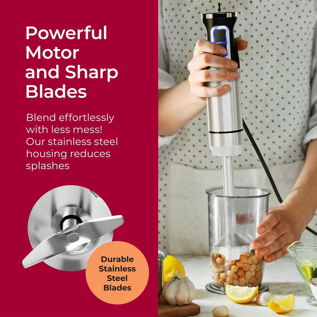 MuellerLiving Ultra-Stick Immersion Hand Blender, 500W Heavy Duty Motor, 8-Speed Turbo Setting, Includes Blending Shaft, Whisk, Milk Frother & Measuring Beaker