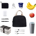 Eurcross Upgraded Compact Black Lunch Bag For Girls Women,Canvas Reusable Insulated Polka Dot Lunch Tote Box Bag For Work School