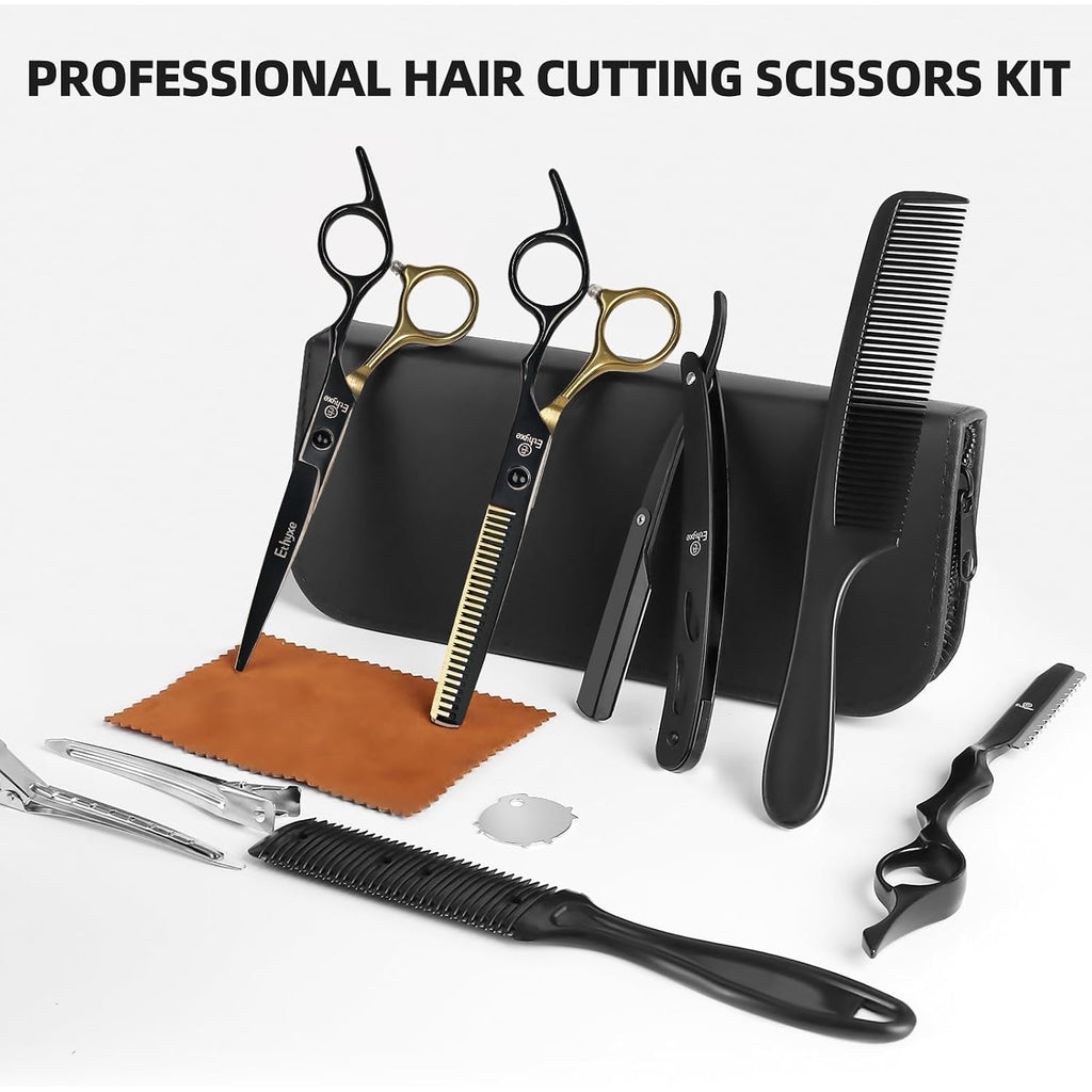 Professional Hair Cutting Shears, Haircut Scissors Kit With Thinning & Texturizing Scissors, Straight Shears For Salon Home Use Barber Black Gold