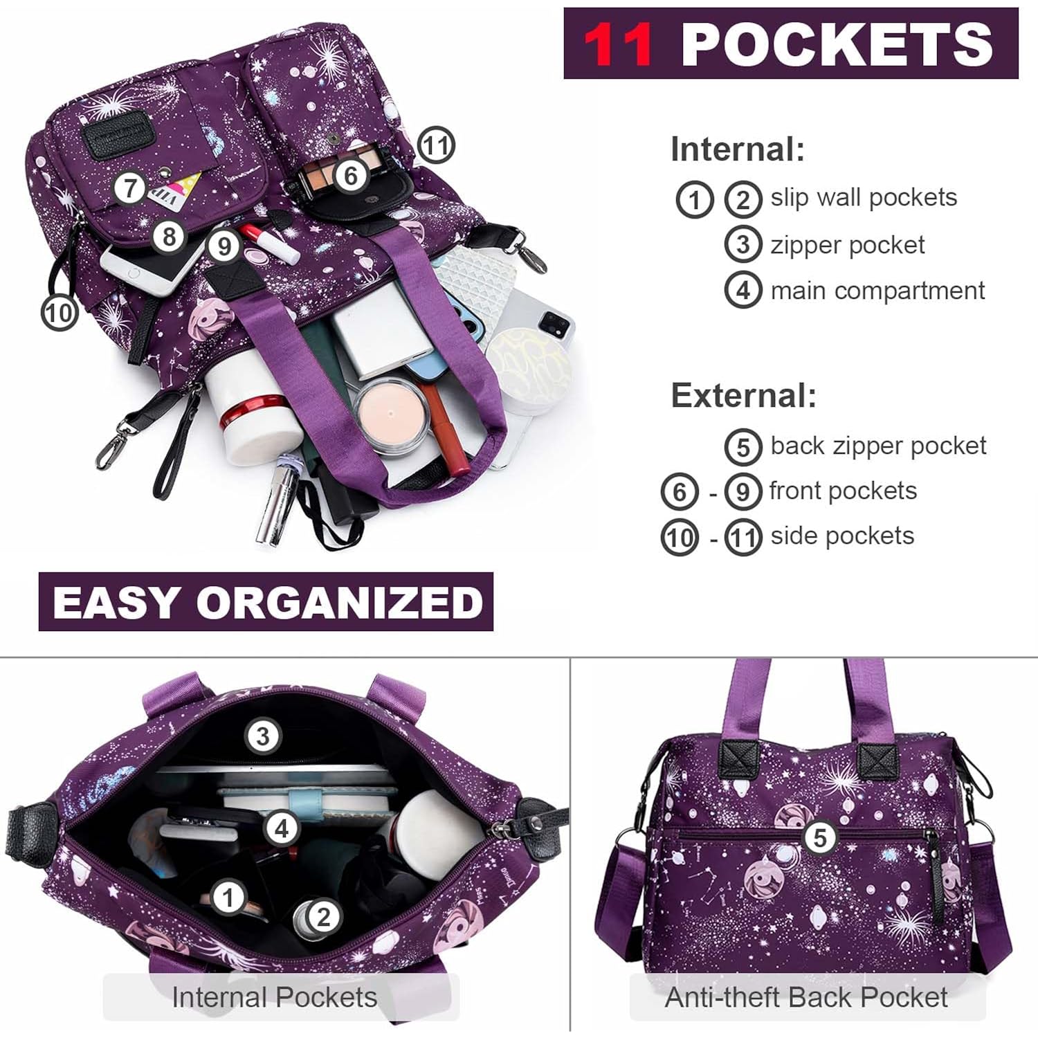 Tote Bag For Women,Multi Pockets Shoulder Handbag,Nurse Bag For Work,Large Cross Body Purse,Fashion Nylon Top Handle Satchel