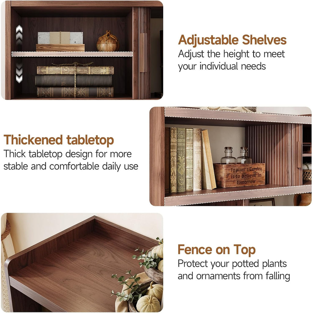 44" Sideboard Buffet Cabinet With Outlet & 2 Open Storage Spaces, Fluted Sideboard Cabinet With Sliding Door & Adjustable Shelves, Mid-Century Accent Coffee Bar Console Table With Wooden Feet