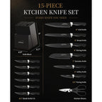 Knife Set, 15 Piece Kitchen Knife Set With Block And Built In Sharpener, German Stainless Steel Dishwasher Safe Knife Block Set, Black Kitchen Knives Set For Home Cooking