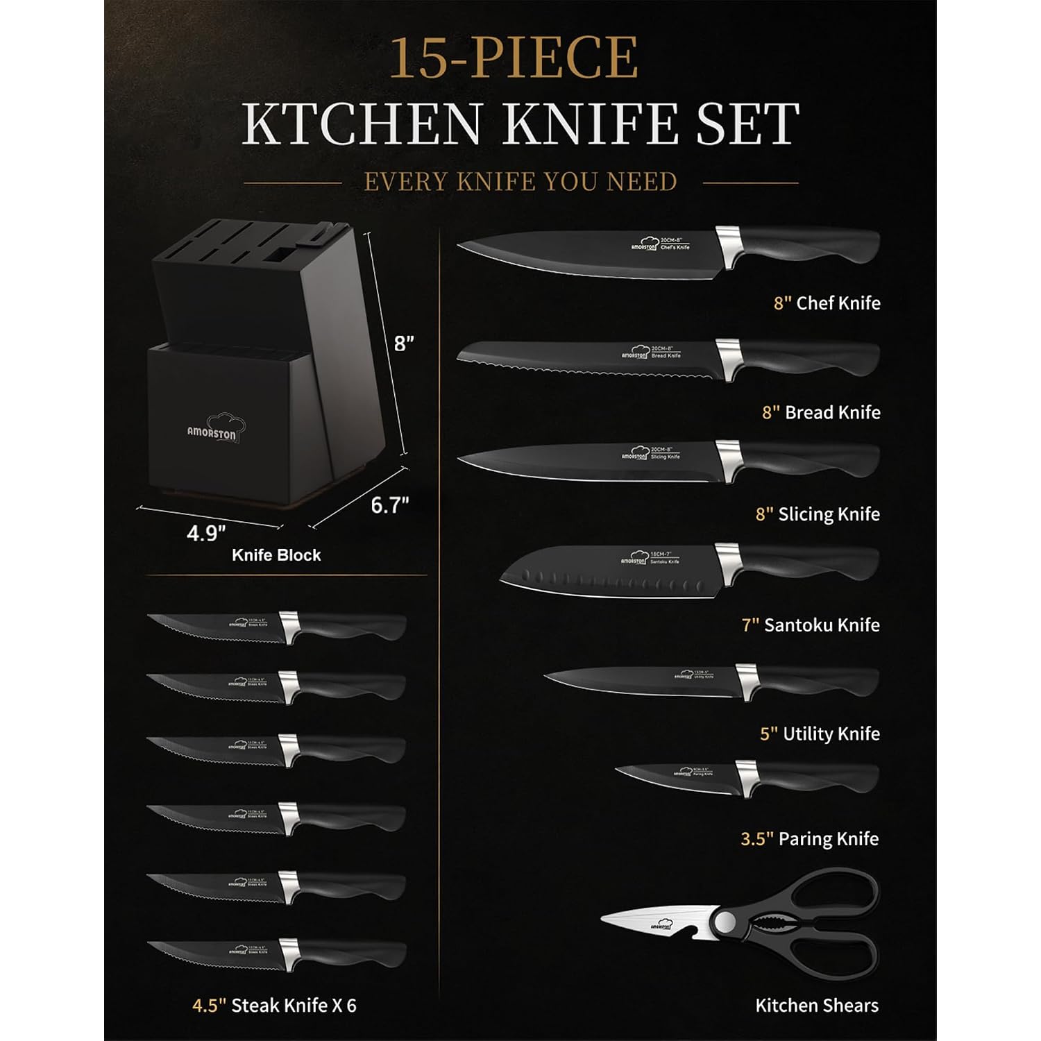 Knife Set, 15 Piece Kitchen Knife Set With Block And Built In Sharpener, German Stainless Steel Dishwasher Safe Knife Block Set, Black Kitchen Knives Set For Home Cooking