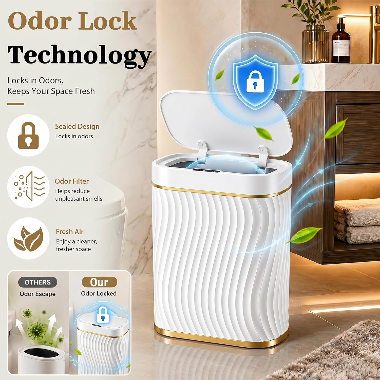 2.6 Gallon Automatic Bathroom Trash Can With Touchless Lid, White Gold | Motion Sensor Trash Can With Slim Waterproof Body; Small Plastic Garbage Can, Hands-Free Lid For Bedroom, Office, And Kitchen