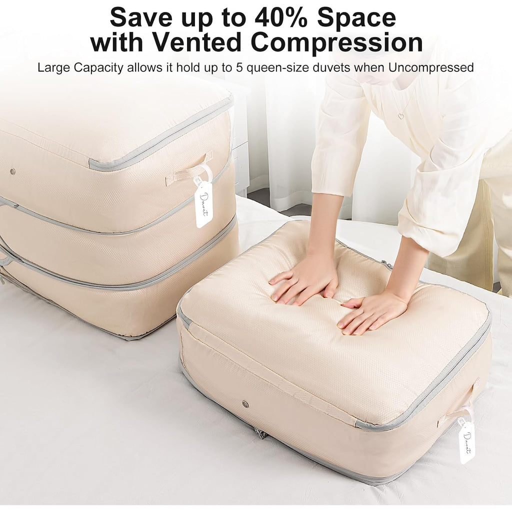 Comforter Storage Bag - Large Capacity Blanket Storage Bags 3-Layer Ultra Space Saving Self Compression Organizer, Washable Compression Bags For Storage Comforter Blanket, 2-Pack, Beige
