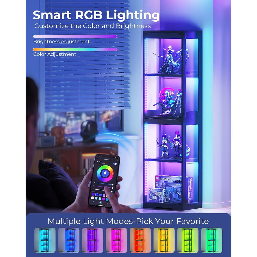 Aodk Display Cabinet With Glass Doors, Glass Display Case With Rgb Led Light, Corner Display Shelf For Collectibles, Black Curio Cabinet For Showcase, Bookcase