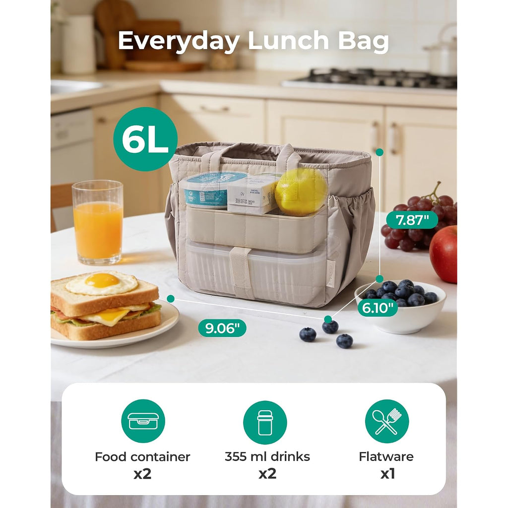 Bagsmart Lunch Bag For Women Small Cute Quilted Lunch Box Insulated Lightweight, Leakproof, Durable & Reusable Tote Bag For Work, Travel, Outdoor, Brown