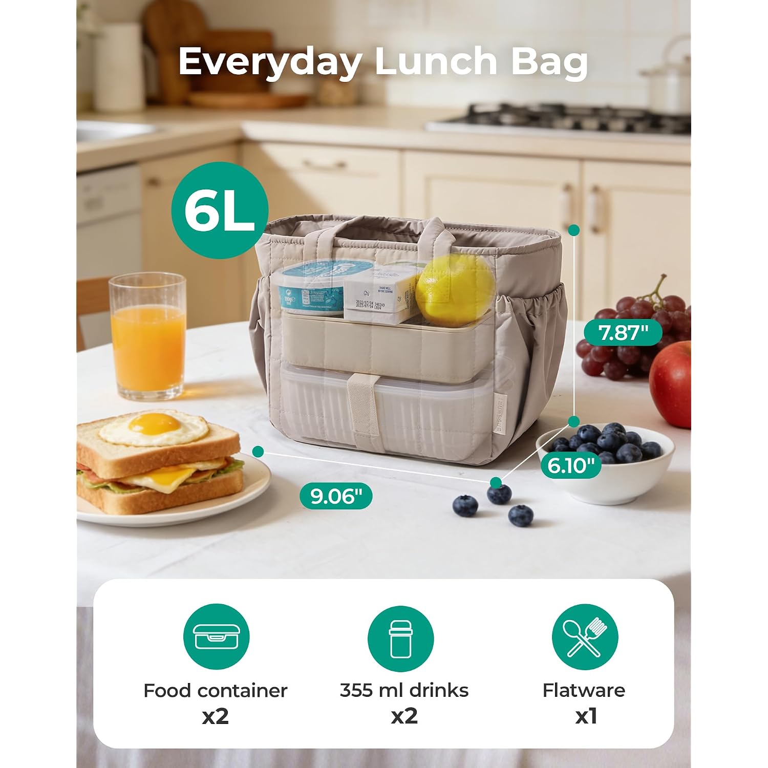 Bagsmart Lunch Bag For Women Small Cute Quilted Lunch Box Insulated Lightweight, Leakproof, Durable & Reusable Tote Bag For Work, Travel, Outdoor, Brown