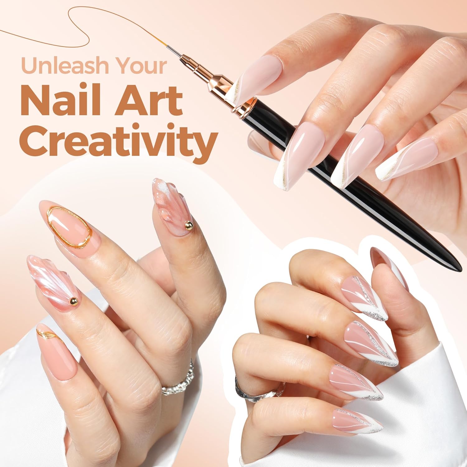 UNA GELLA Metallic Nail Art Brushes, Liner Pens Set 5Pcs For Nail Art Gel Polish - Thin Detail Nail Art Design Painting Brush Set For Nails Gel Fine Drawing Nail Tools Sizes 7/9/11/15/25mm