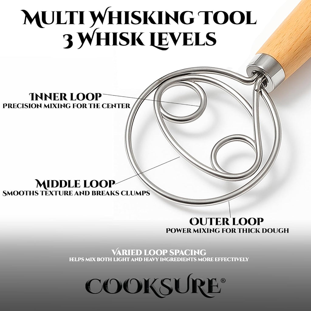 Danish Dough Whisk For Sourdough Bread – 13 Inch Bread Whisk With Wooden Handle – 304 Stainless Steel Hook For Heavy Dough Baking, Swedish Dough Whisk Tool
