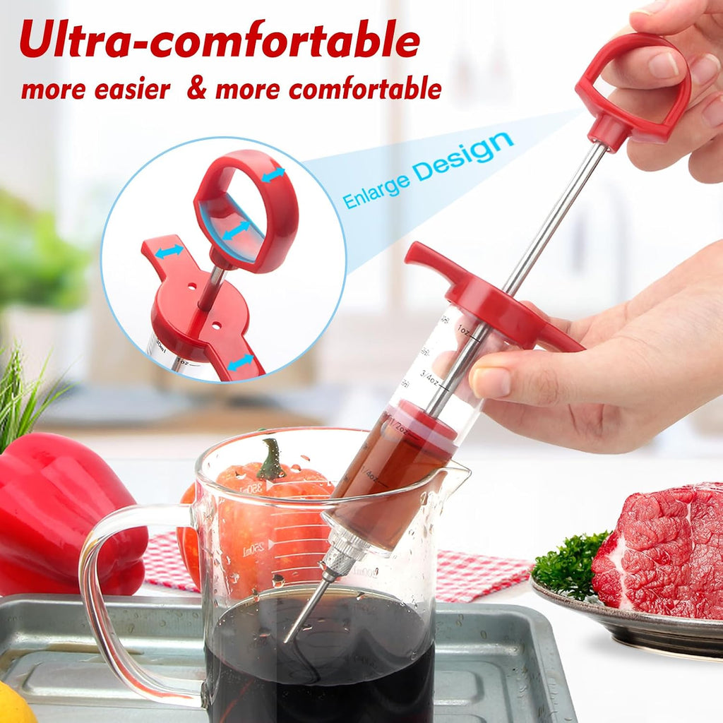 Meat Injector, 1-Oz Plastic Bbq Marinade Injector Kit, Turkey Injector Syringe (3 Stainless Steel Meat Needles +3 Replacement O Rings + 1 Cleaning Brush) For Turkey Smoked Bbq Grill
