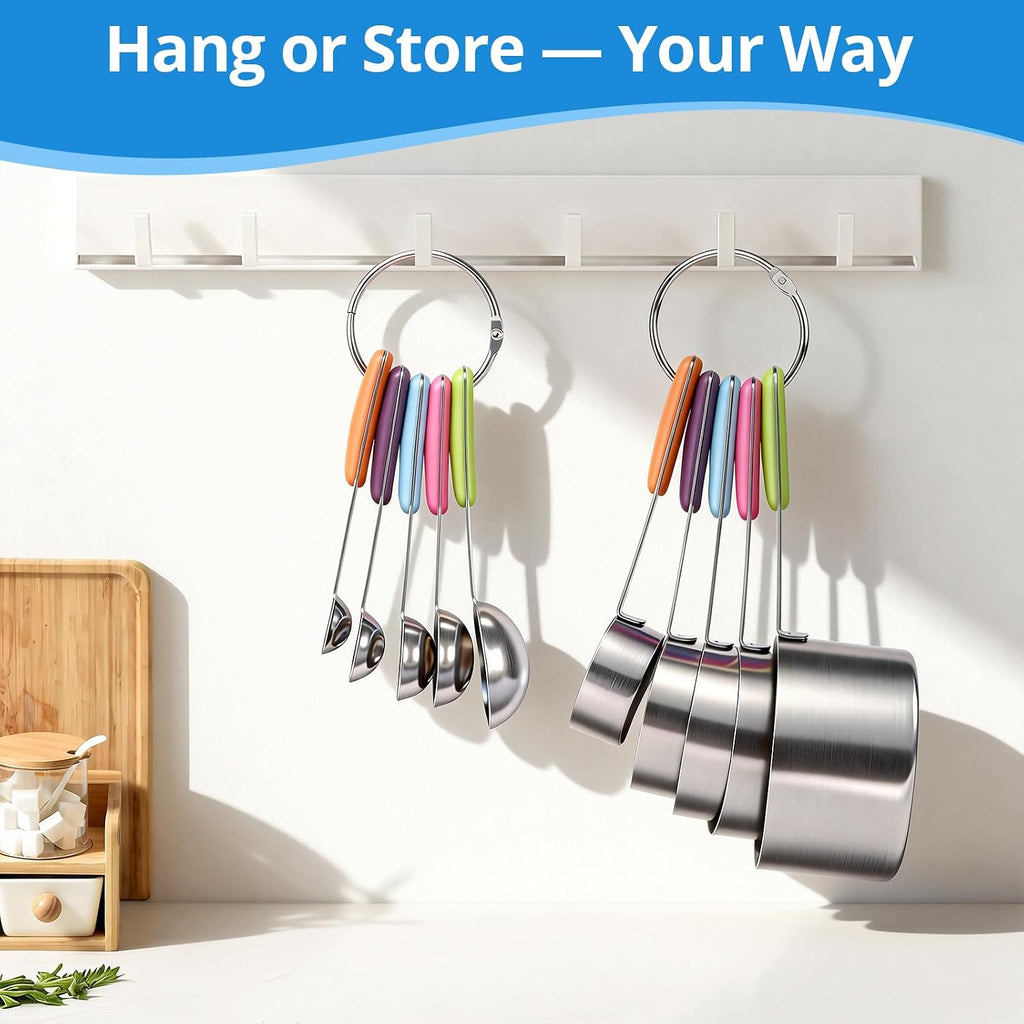 Measuring Cups And Spoons Set Stainless Steel 10 Piece For Cooking And Baking (5 Cups + 5 Spoons, Colorful Handles)