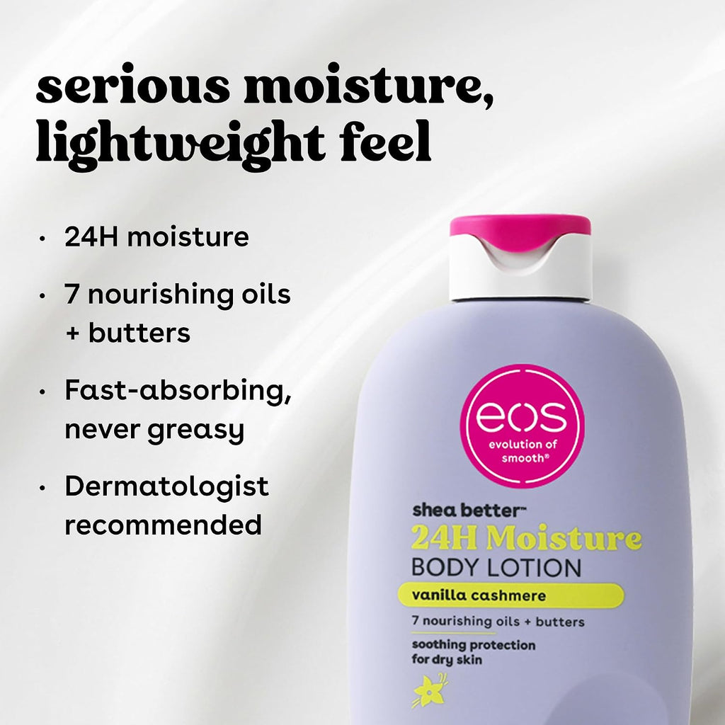 Eos Shea Better Body Lotion Vanilla Cashmere, 24-Hour Moisture Skin Care, Lightweight & Non-Greasy, Natural Shea, Vegan, Vanilla Body Lotion, 16 Fl Oz