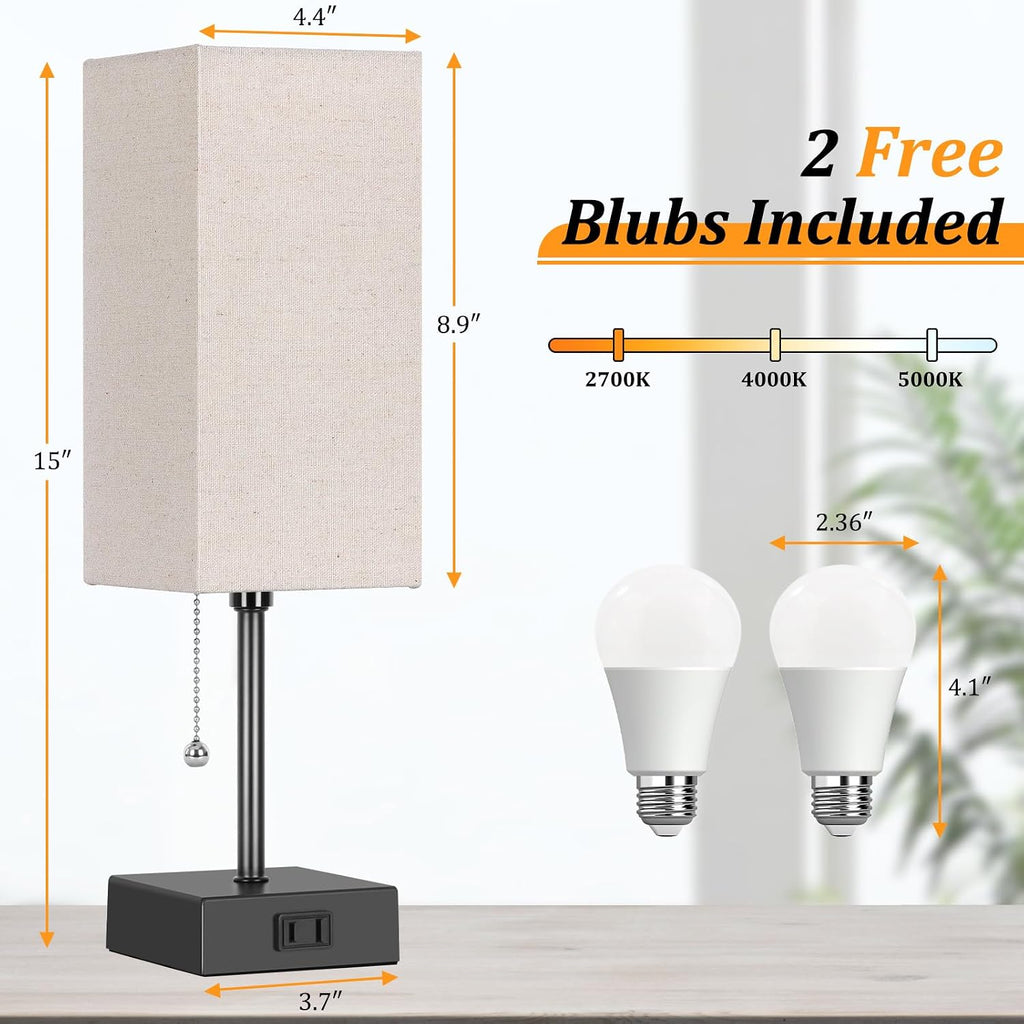 15'' Bedside Table Lamp For Bedroom Small Night Light Lamps For Night Stand | Pull Chain Table Lamps For Night Stands With Ac Outlet，Desk Lamp With 2 Bulbs Lamp For Living Room Kids Room Office Decor
