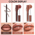 Erinde Lip Liner and Gloss Set, 2 Colors Nourishing Lip Gloss & Brown Lip Liner Combo Sets, Non-Sticky Plumping Lip Kit for Women, Lightweight Long Wear, Natural Nude Tinted Lip Glow Oil, SET B