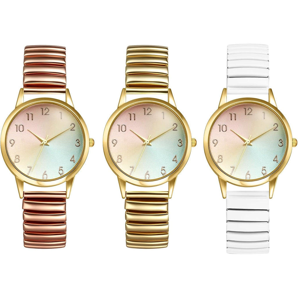 Avaner Women's Stretch Band Watches: Ladies Elastic Strap Gold-Tone Easy Reader Colorful Dial Analog Quartz Bangle Wrist Watch