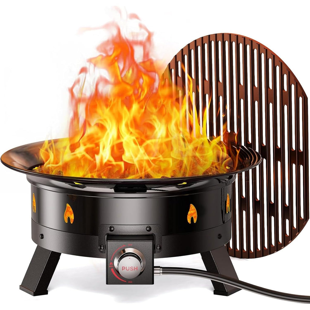 Large Propane Fire Pit 19 Inch, Gas Fire Pit With Grill Grate, Folding Legs, Hose Hooks, Propane Tank Holder, Cover & Carry Strap, Portable Outdoor Fire Pit For Camping, 58,000 Btu