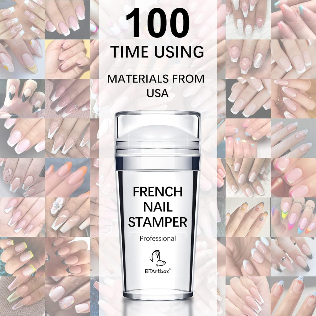 BTArtbox French Nail Stamper - French Tip Nail Tools with Nail Scraper and Replaceable Stamper Head, 100-Time Using Silicone Nail Stamper Kit for Gel Nail Polish DIY Nail Art Tools