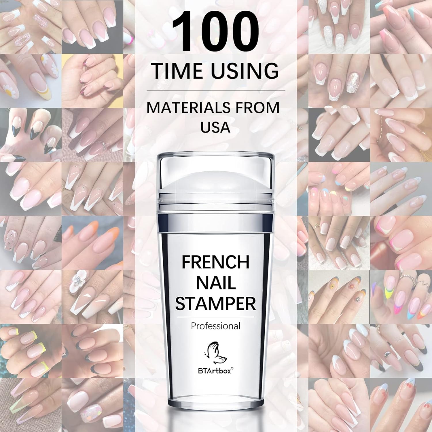 BTArtbox French Nail Stamper - French Tip Nail Tools with Nail Scraper and Replaceable Stamper Head, 100-Time Using Silicone Nail Stamper Kit for Gel Nail Polish DIY Nail Art Tools