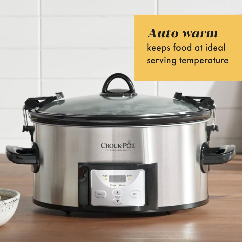 Crock-Pot 6-Quart Cook ‘n Carry Programmable Slow Cooker with Digital Timer, Family-Size Serves 7+ People, Removable Stoneware with Warming Setting, Dishwasher Safe for Easy Cleanup, Stainless Steel