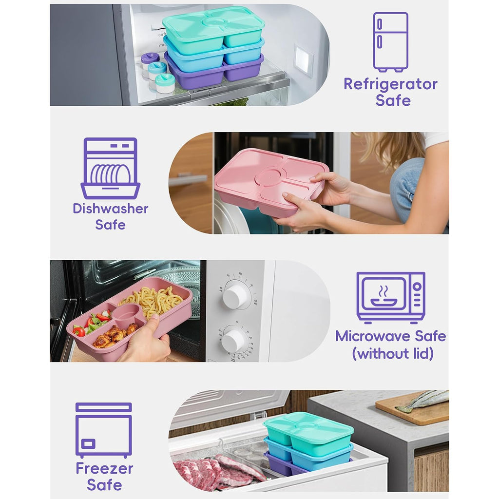 Canfanni 4 Pcs Bento Snack Box Containers, 4 Compartment Divided Stackable Food Storage Containers With Lids, Meal Prep Lunch Container With Sauce Cups