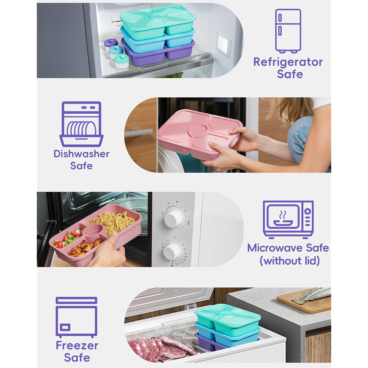 Canfanni 4 Pcs Bento Snack Box Containers, 4 Compartment Divided Stackable Food Storage Containers With Lids, Meal Prep Lunch Container With Sauce Cups