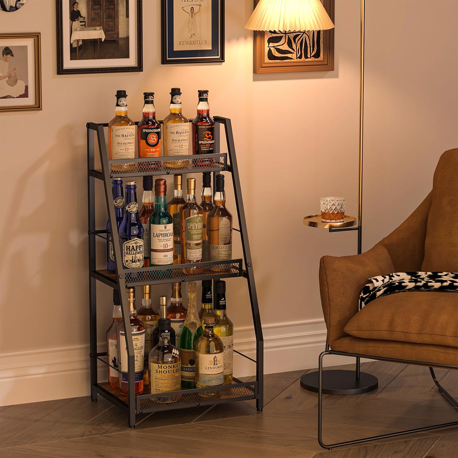 3-Tier Liquor Stand For Home Bar, Stepped Wine Rack Freestanding Floor For Liquor Whiskey Wine, Versatile Corner Wine Bottle Display Stand With Fences, Vintage Brown, Safe Height For Kids & Pets