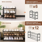 Gonfoam Expandable 3-Tier Shoe Rack For Closet And Entryway, Black | Tool-Free Assembly, Metal Material, Adjustable Shoe Organizer, Sturdy, Small Space Solution, Dorms, Garages, Apartments.