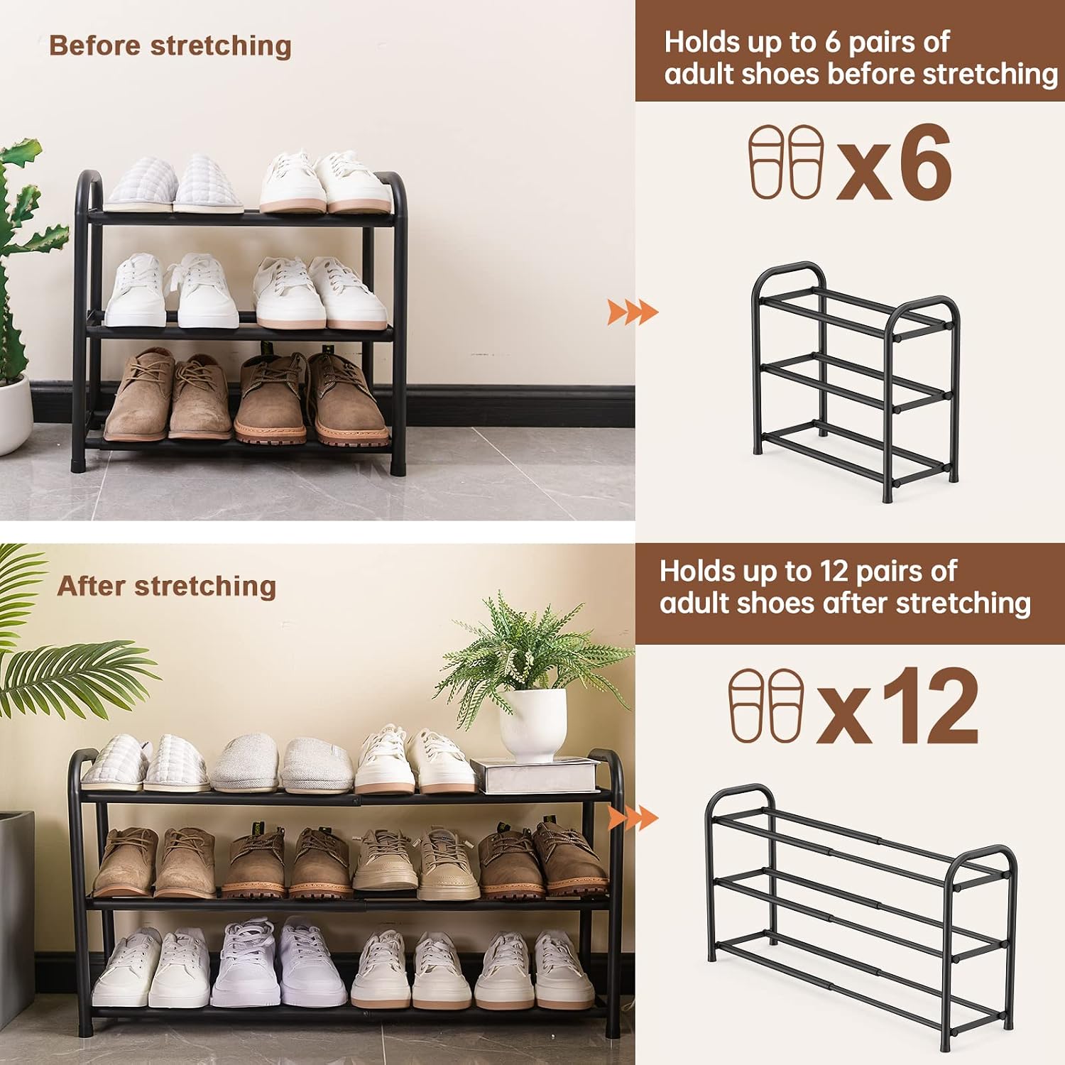 Gonfoam Expandable 3-Tier Shoe Rack For Closet And Entryway, Black | Tool-Free Assembly, Metal Material, Adjustable Shoe Organizer, Sturdy, Small Space Solution, Dorms, Garages, Apartments.
