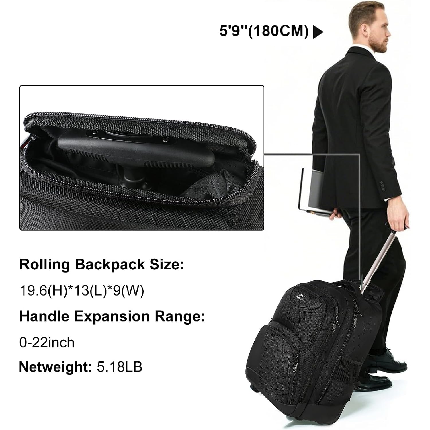 Matein Rolling Backpack, 17 Inch Water Resistant Wheeled Laptop Backpack | Carry On Luggage Business Bag, Large Capacity, Overnight College Computer Bag, Trolley Suitcase For Men Women, Travel, Black