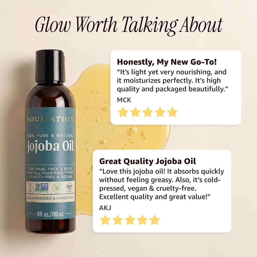 Soulsation Pure Jojoba Oil For Skin, Hair, Face & Body – 100% Natural, Cold Pressed, Unrefined | Non-Gmo, Ewg Verified, Cruelty-Free, Vegan Moisturizing Oil For Dry Skin, Scalp & Beard 4Oz