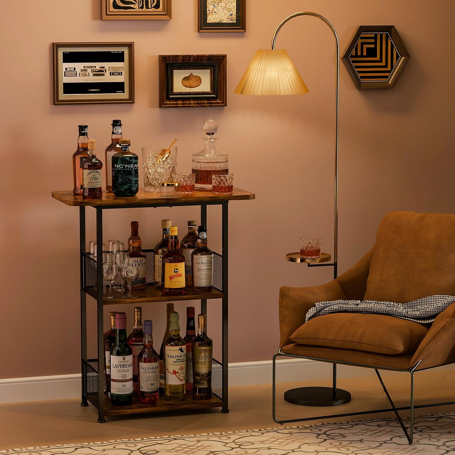Eyteenokk Freestanding Wine Rack,3-Tier Small Mini Bar Table Liquor Cabinet With T-Shaped Countertop,Rustic Wood Metal Floor Wine Bottle Storage Stand For Home Bar Corner-23.62 X 9.44 X 27.67Inches