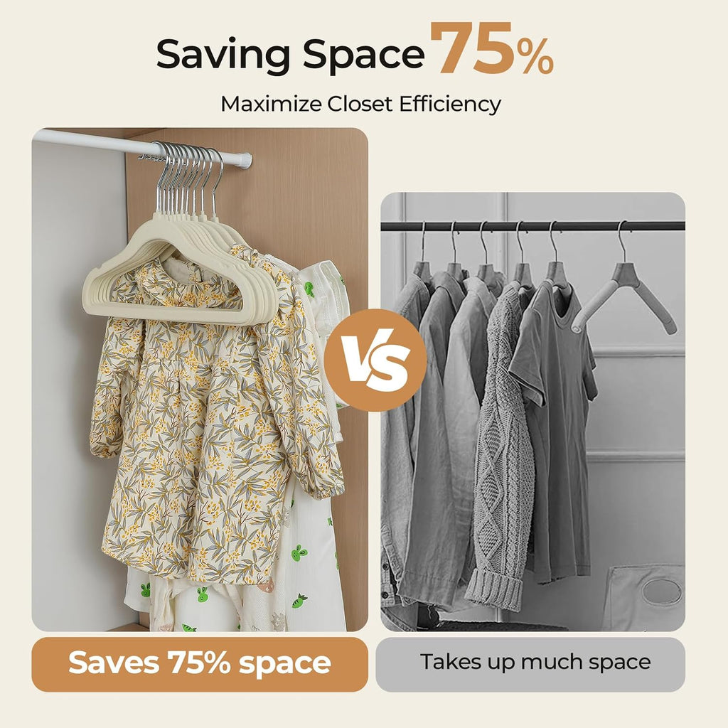 Kids Velvet Hangers, 50 Pack, 11.8 In Non-Slip Baby & Toddler Clothes Hangers, Baby Felt Hangers With Notches & 360° Swivel Hooks For Space-Saving, Beige