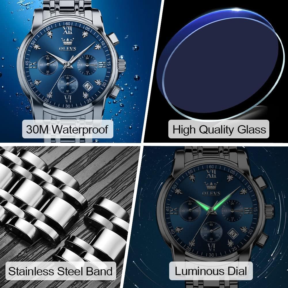 Olevs Men'S Stainless Steel Chronograph Watch, Big Face Gold Silver Black Tone Easy To Read Analog Quartz Watch, Luxury Waterproof Date Diamond Roman Arabic Numerals Dial Dress Watch For Men
