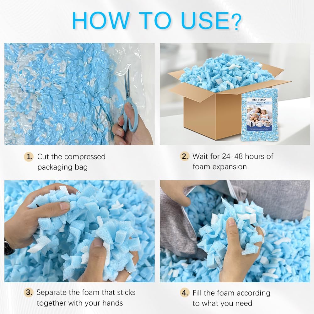 Hem Dgpy Bean Bag Filler 10Lbs, Shredded Memory Foam Filling For Bean Bag Chair Refill, Stuffing For Pillow, Punching Bag, Dog Bed, Cushions, Couch (Blue & White)