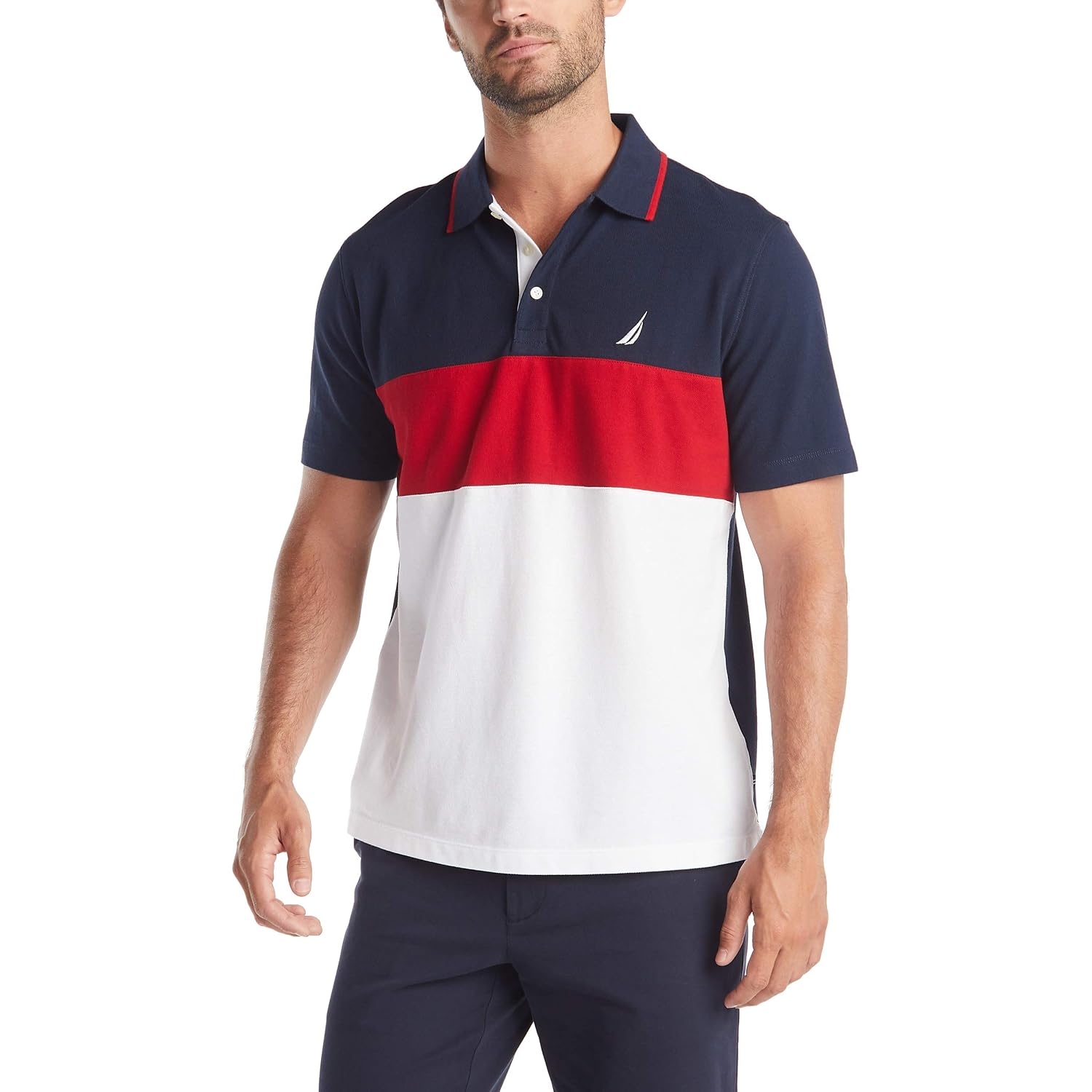 Nautica Men's Short Sleeve 100% Cotton Pique Color Block Polo Shirt