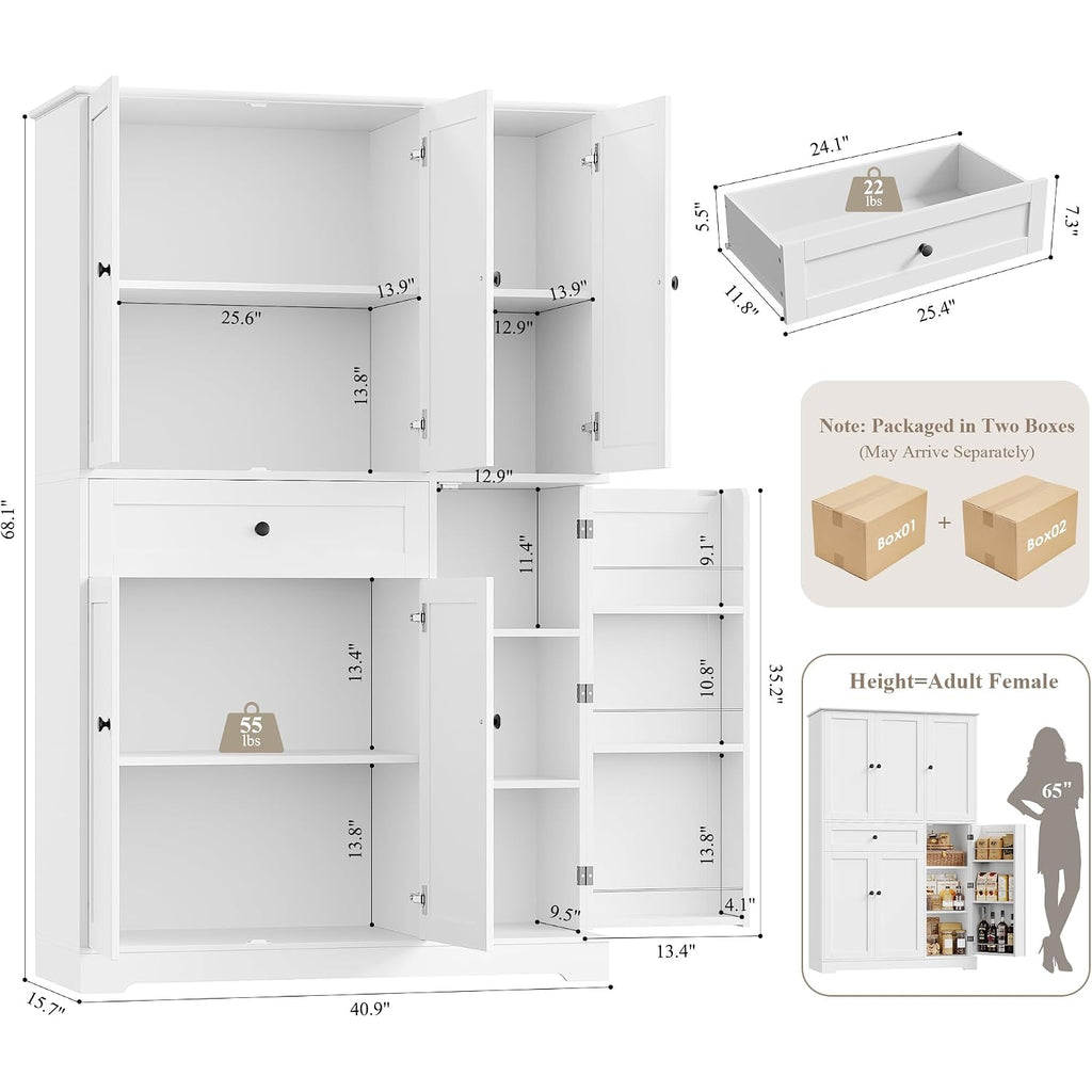 Hostack 68" Tall Kitchen Pantry Storage Cabinet With Doors & Shelves, White | Large Pantry Cabinet With Door Rack, Freestanding Kitchen Storage Cabinet With Drawer, Food Pantry For Dining Living Room