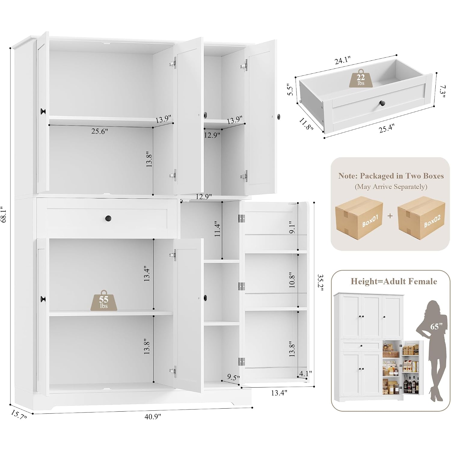 Hostack 68" Tall Kitchen Pantry Storage Cabinet With Doors & Shelves, White | Large Pantry Cabinet With Door Rack, Freestanding Kitchen Storage Cabinet With Drawer, Food Pantry For Dining Living Room