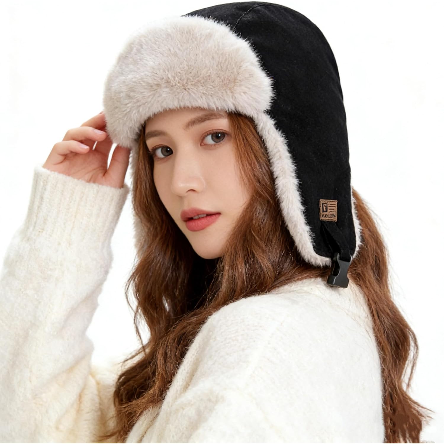 Women Winter Furry Trapper Hat with Earflaps Warm Faux Fur Windproof Russian Trooper Cap Fleece Lined Plush Hunting Ski