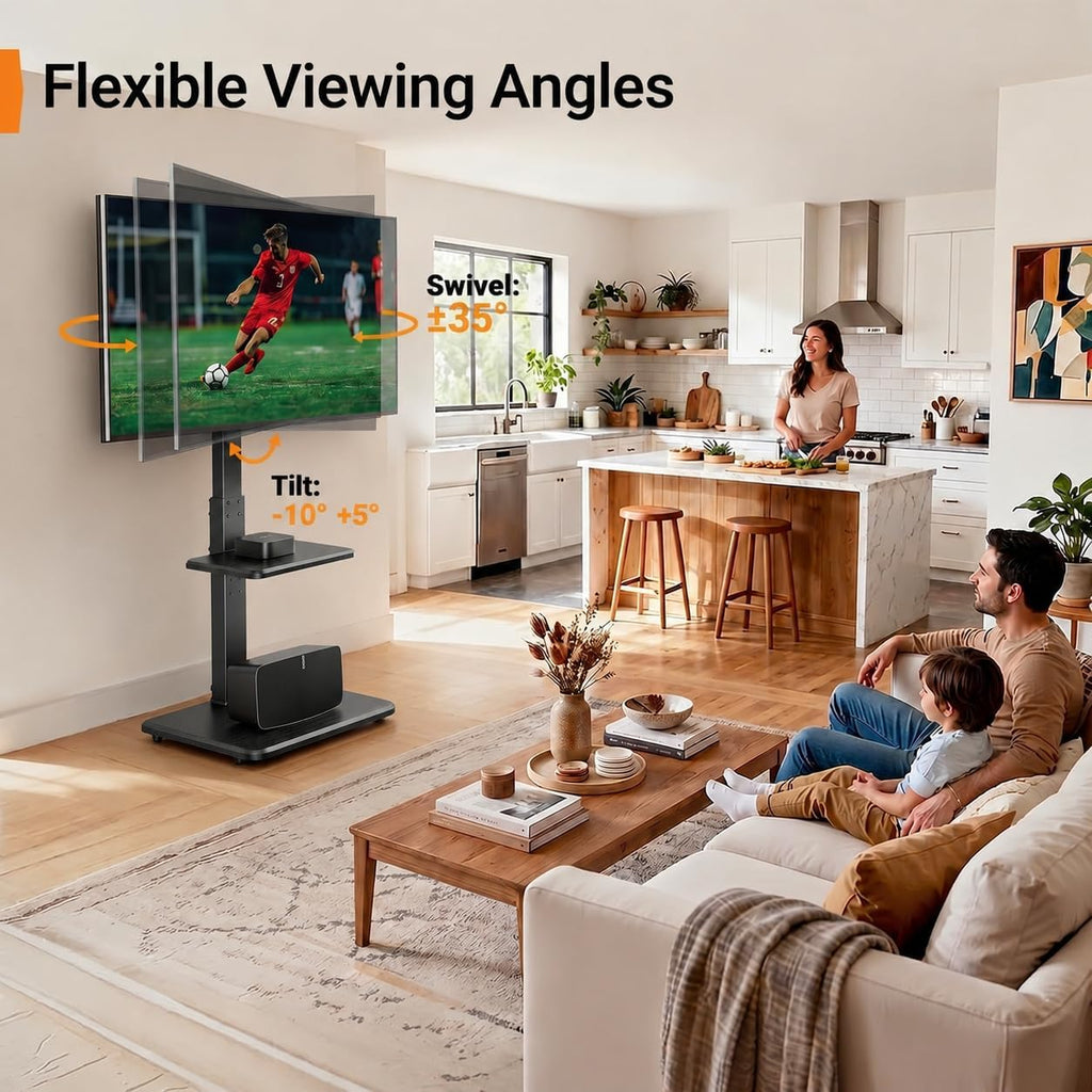Perlegear Floor Tv Stand With Power Outlet, Universal Tv Stand For 32-75 Inch Tvs Up To 110 Lbs, Height Adjustable Standing Tv Mount, Tall Tv Mount With Wood Base, Max Vesa 600X400Mm, Pgfs06