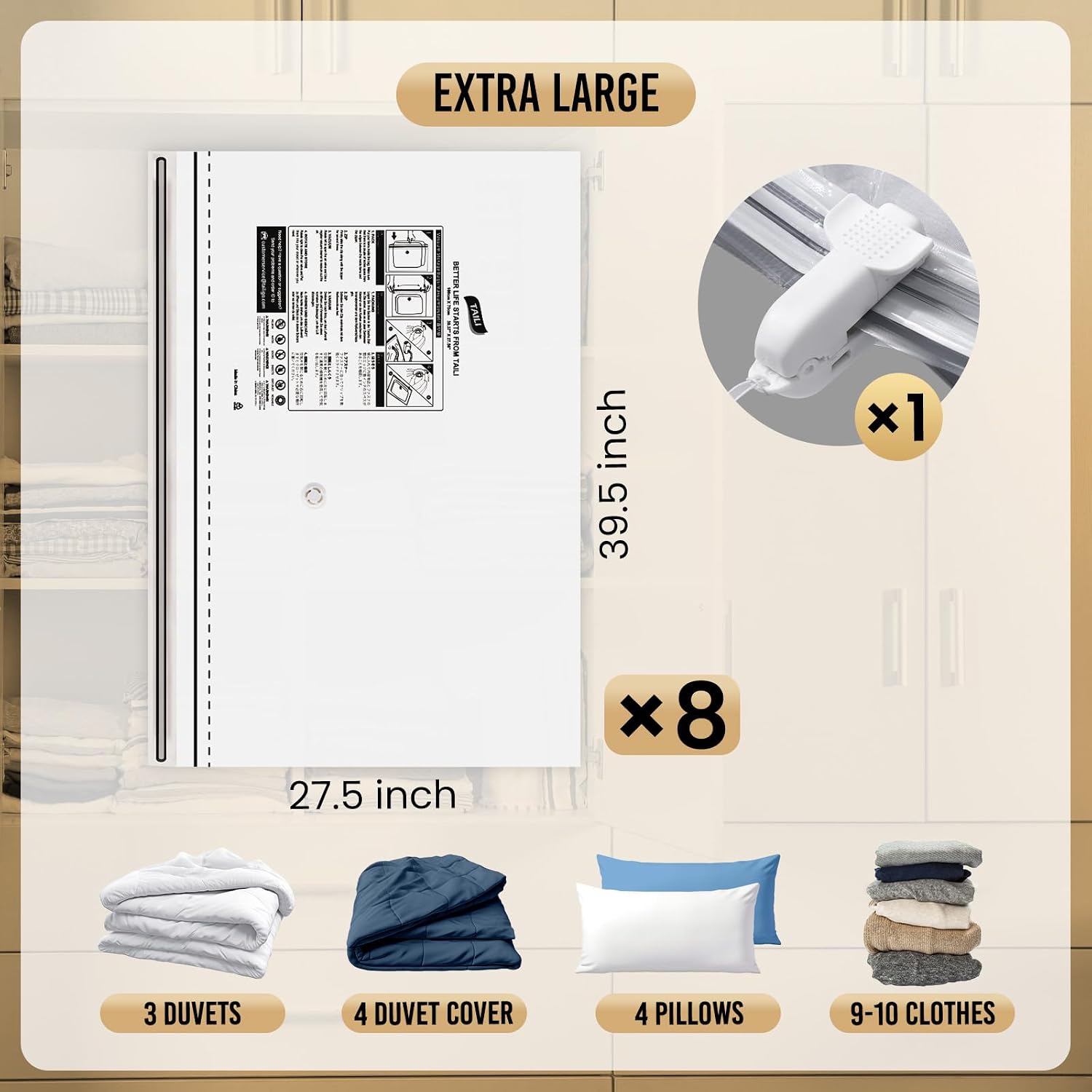 Taili 8 Pack Jumbo Vacuum Storage Bags, 39X28 Inch, Long Side Zip Vacuum Seal Bags For Clothing, Space Saver For Beddings, Comforters, Blankets, Pillows