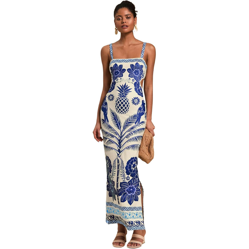 Floerns Women'S Tropical Bow Tie Back Long Dress Sleeveless Split Vacation Maxi Dress