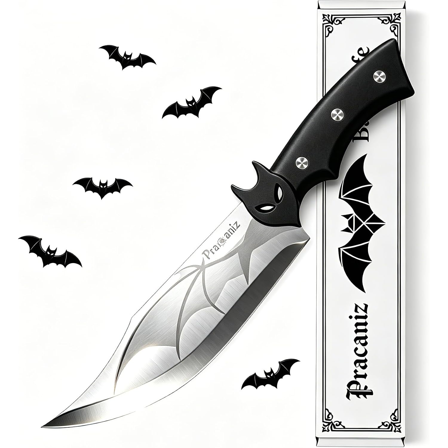 Pracaniz Bat Kitchen Knife, Gothic Halloween Design, Stainless Steel Blade | Bat-Wing Silhouette, Comfortable Grip And Gift-Ready Box For Steak, Fruit, Cheese, Bbq, Themed Parties And Gothic Kitchens.