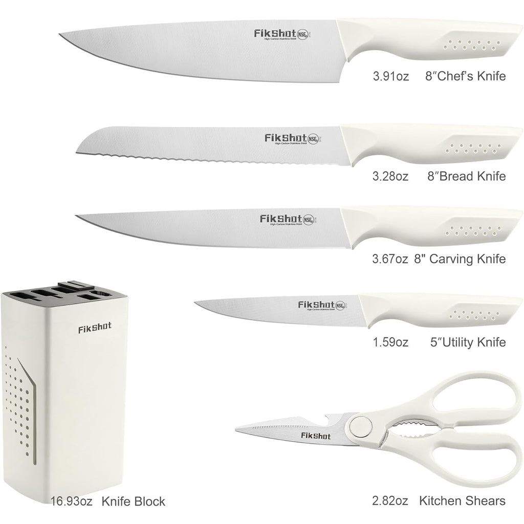 Knife Set, FIKSHOT 6-Piece Kitchen Knife Block Set with & Built-In Sharpener, Dishwasher Safe High Carbon Stainless Steel Blades, Rust-Resistant – Ideal Housewarming Gift