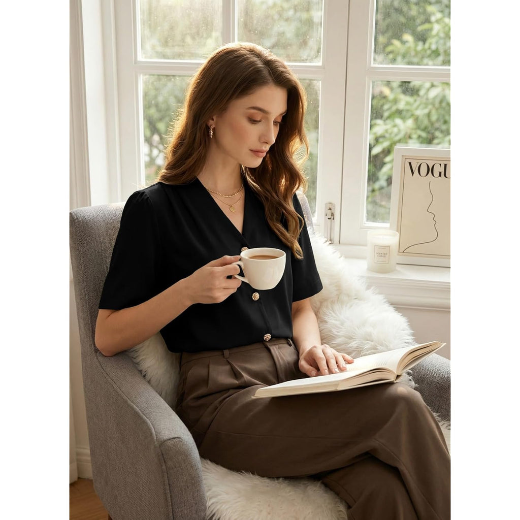 Blouses for Women Dressy Casual Summer Short Sleeve Button Down Shirts Business Work Tops