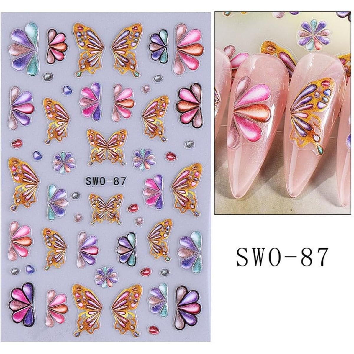 Summer Nail Art Stickers 5D Embossed Ice Cream Cone Nail Stickers 3D Self-Adhesive Lollipop Nail Decals Gold Butterfly Nail Designs Fruit Flower Nail Art Decoration for Women Girls Manicure 3 Sheets