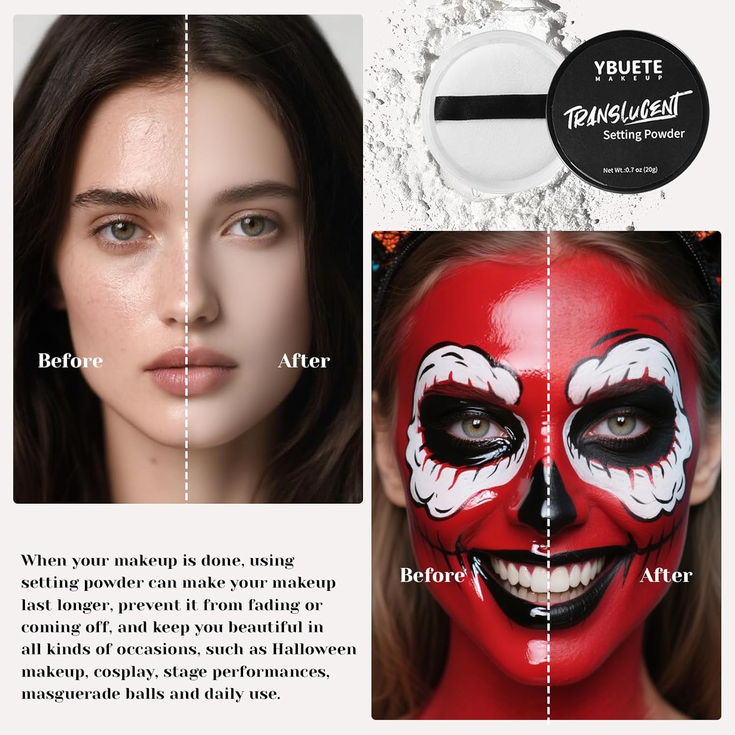 YBUETE Black White Grey Face Body Paint Stick Set with Translucent Setting Powder and 3 Sponges, Professional Full Coverage Face Painting for Adults Halloween Cosplay SFX Skeleton Monster Makeup