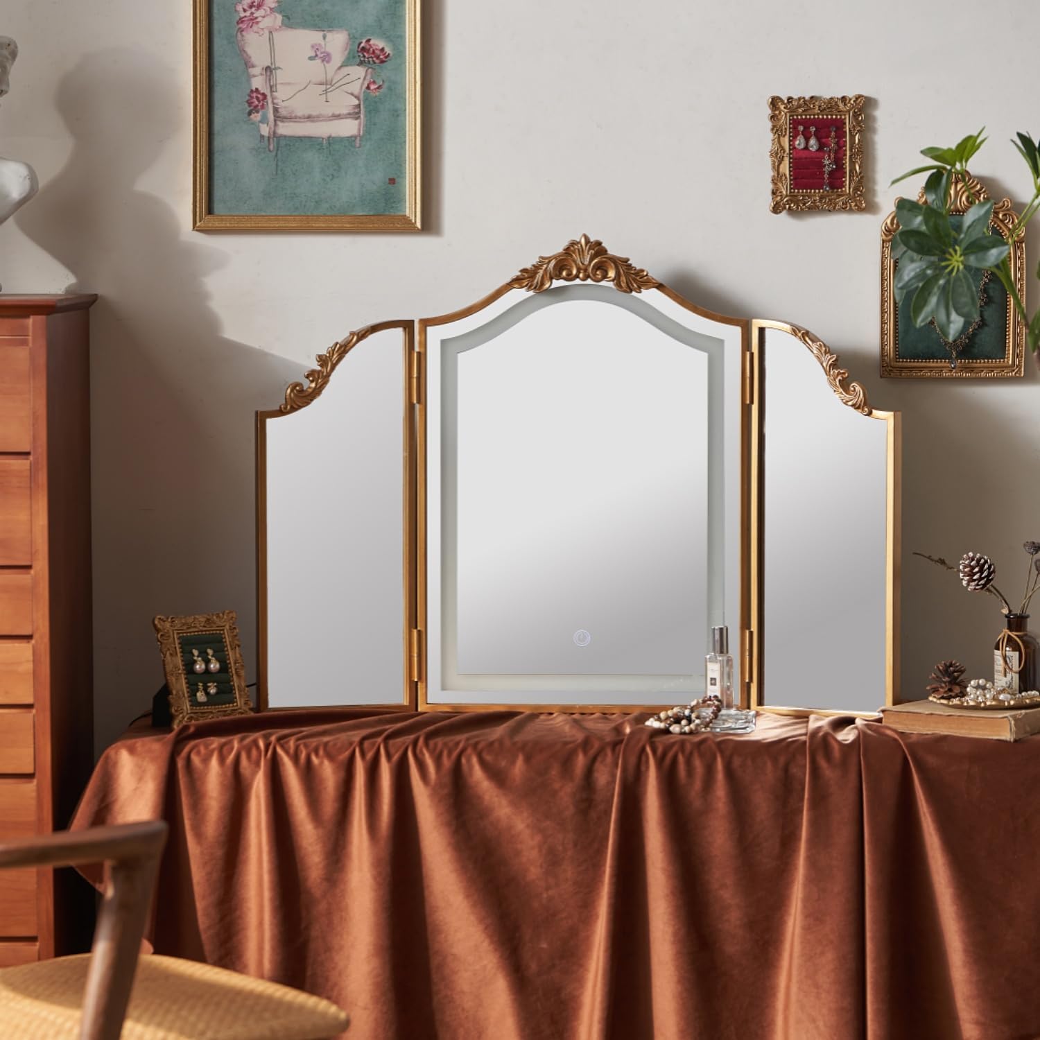 Hsddhome Antique Gold Triple Fold Makeup Mirror With Tri-Color Led Lighting & Dimming, Baroque Carved Arch Vintage Vanity Mirror, Bohemian Decor For Bedroom/Dressing Room, 31X23 Inch