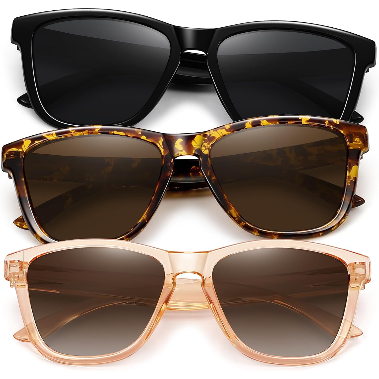 MEETSUN Polarized Sunglasses for Women Men Trendy Classic Retro Designer Style Fashion UV400 Protection 3 PACK 3 Pack Black + Light Brown + Tortoiseshell